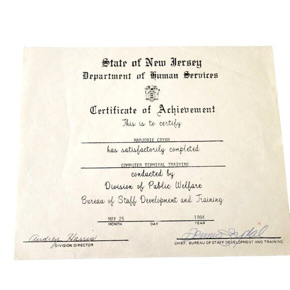 None Other - 1984 New Jersey Department of Human Resources Signed Certificate of Achievement